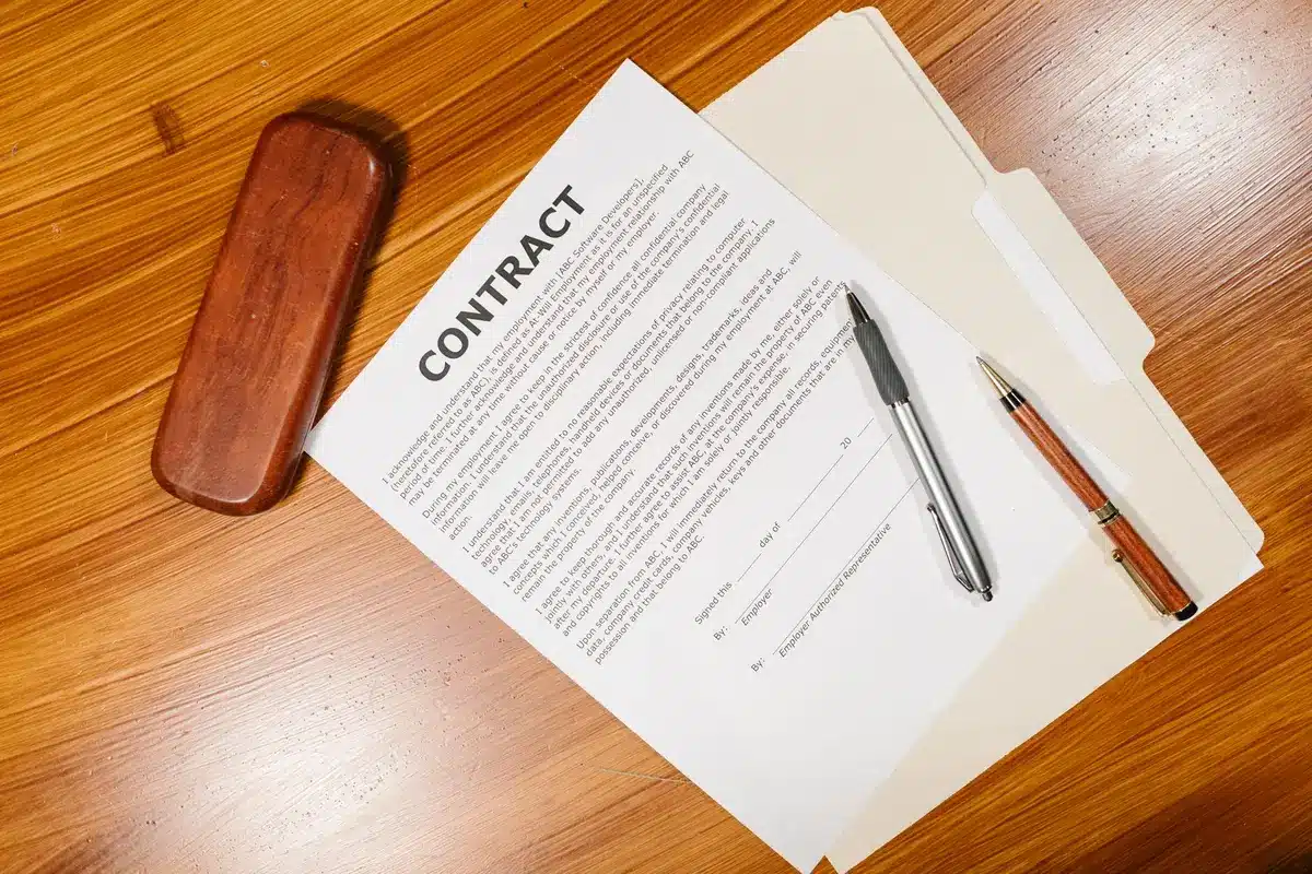 Document de contrat saisonnier avec stylo et signature sur un bureau professionnel