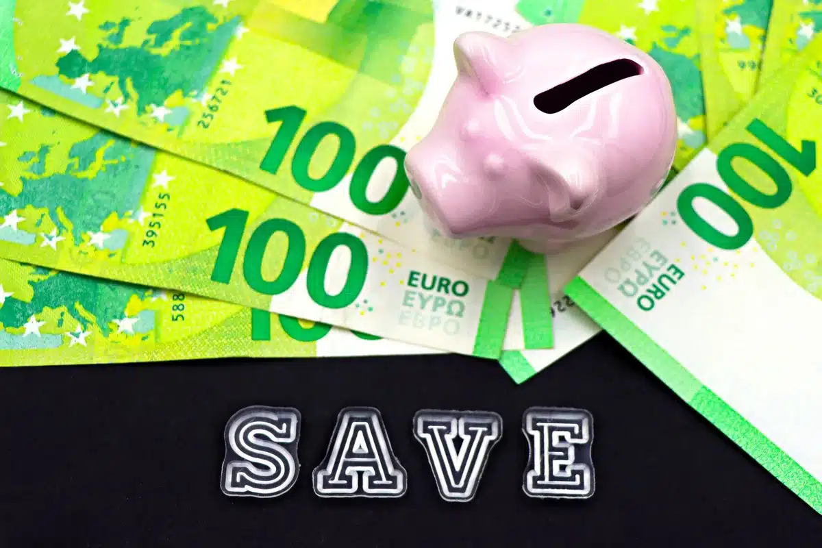 Tirelire et billets représentant une réserve d'épargne de précaution