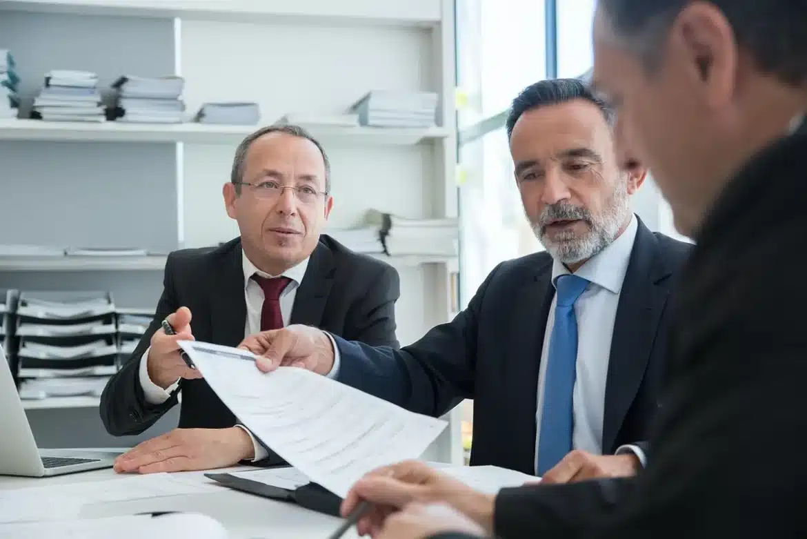 Bureau clair avec contrat ouvert, ordinateur et deux mains anonymes discutant des documents